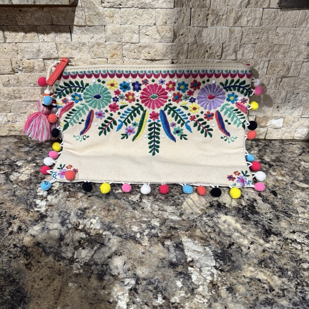 Steven‎ By Steve Madden Jyme Colorful Embroidered Pom Pom Clutch Pouch Natural